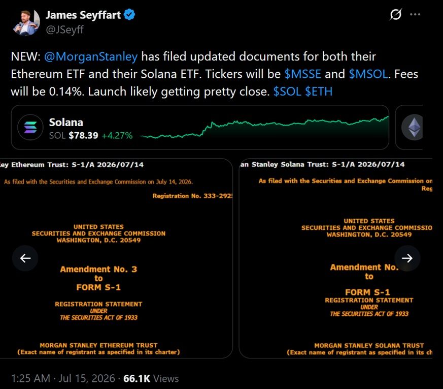 摩根士丹利更新以太坊和索拉纳ETF文件,Coinbase负责保管和质押角色 摩根士丹利更新以太坊和索拉纳ETF文件,Coinbase负责保管和质押角色