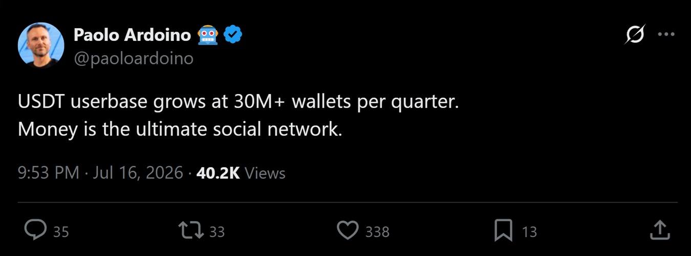 保罗·阿尔多伊诺关于USDT增长钱包数量的推文。