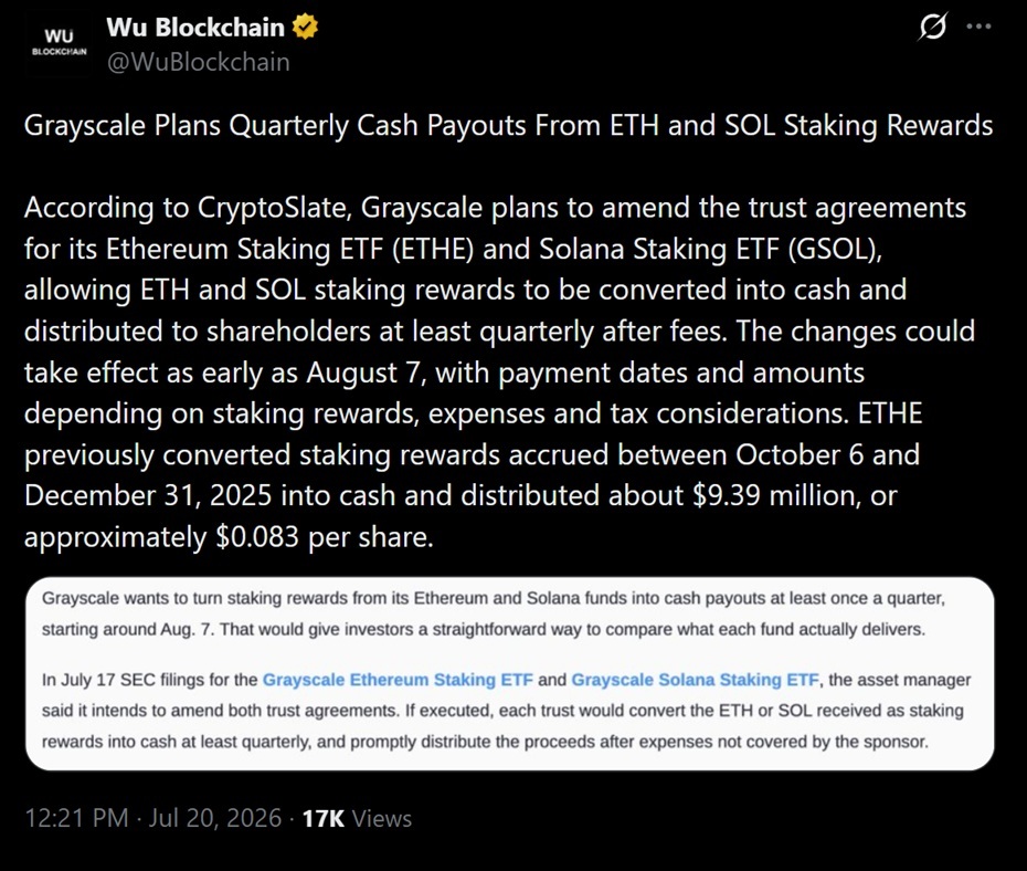 灰度关于其ETH和SOL申请的最新动态