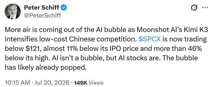 SpaceX Slide and Kimi K3 Launch Fuel Fears of AI Stock Bubble SpaceX Slide and Kimi K3 Launch Fuel Fears of AI Stock Bubble