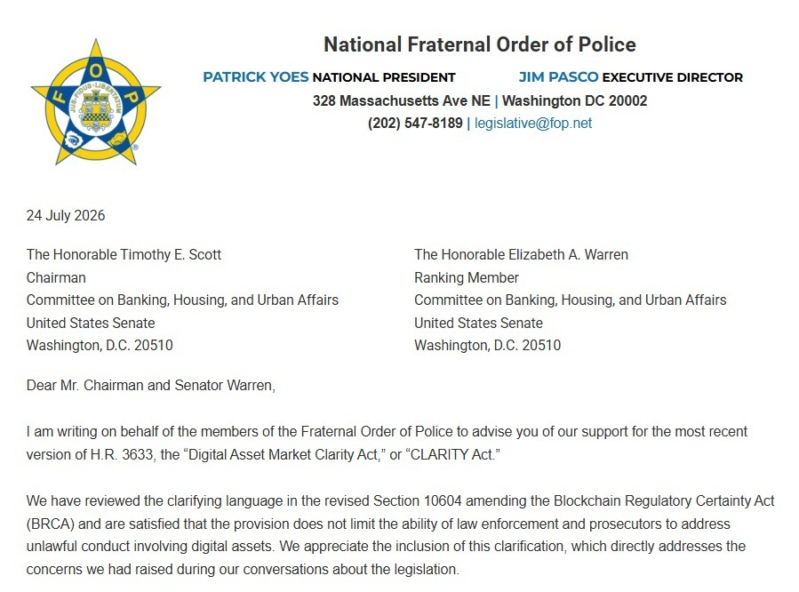 382,000名成员的警察组织支持修订后的加密清晰法案 382,000名成员的警察组织支持修订后的加密清晰法案
