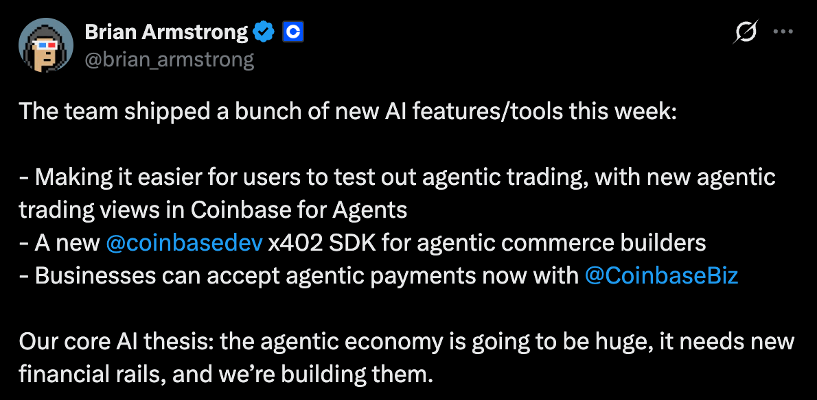 Coinbase 为企业推出 AI 代理支付，称其为 '高信念投资'