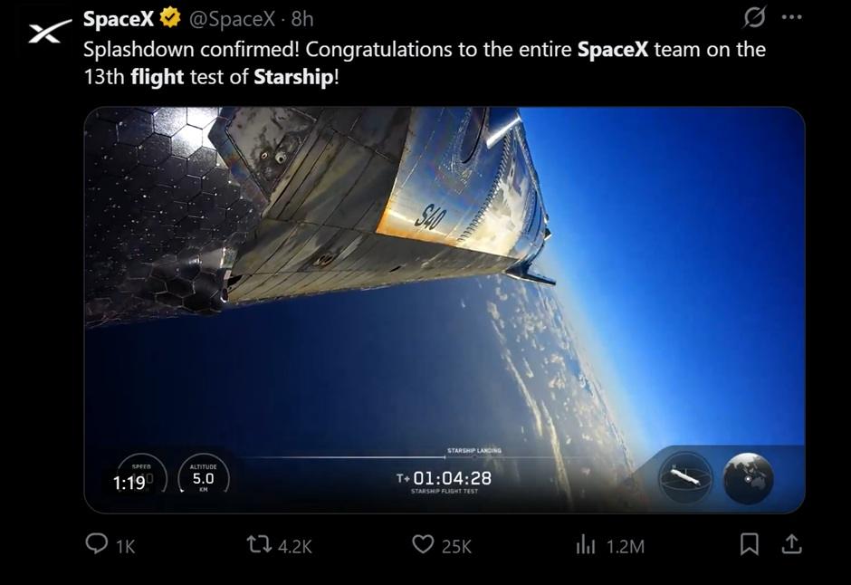 SpaceX 第13次发射成功。