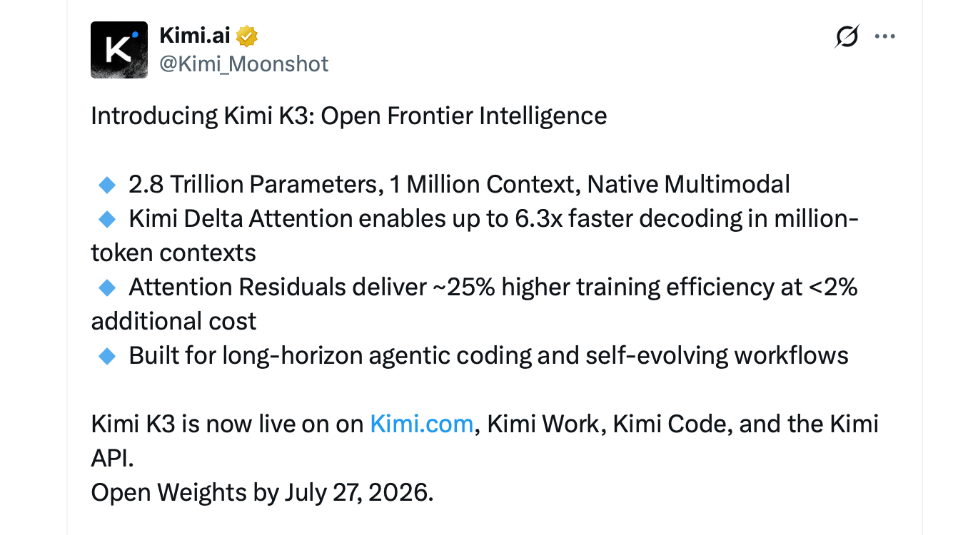 Kimi Moonshot X帖子截图。