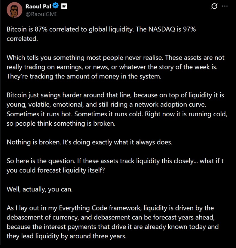 Raoul Pal's thesis on BTC and its correlation with global liquidity.