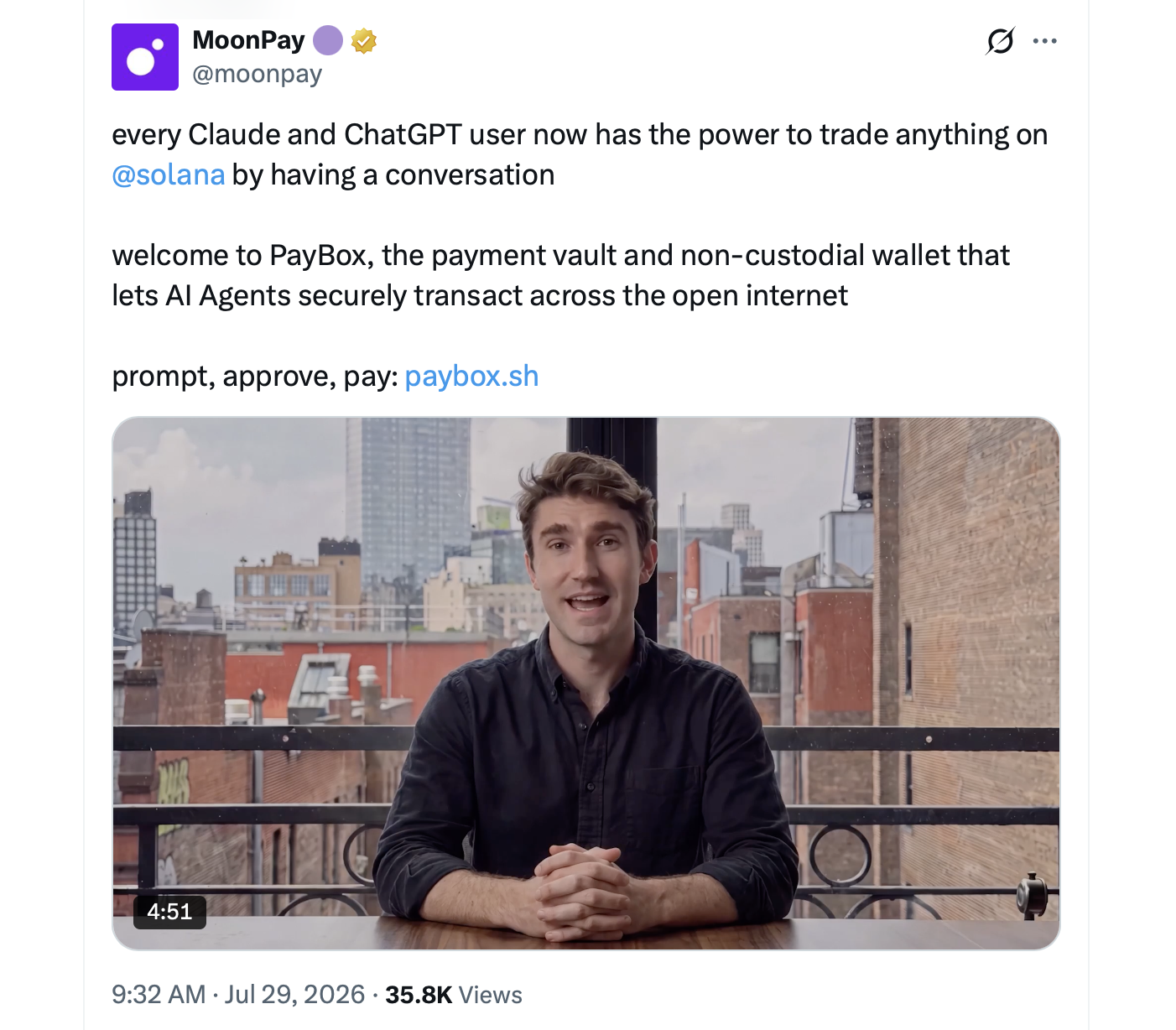 Moonpay 为 Claude 和 ChatGPT 用户提供一个将提示转化为支付的保险库 Moonpay 社交媒体截图通过 X。