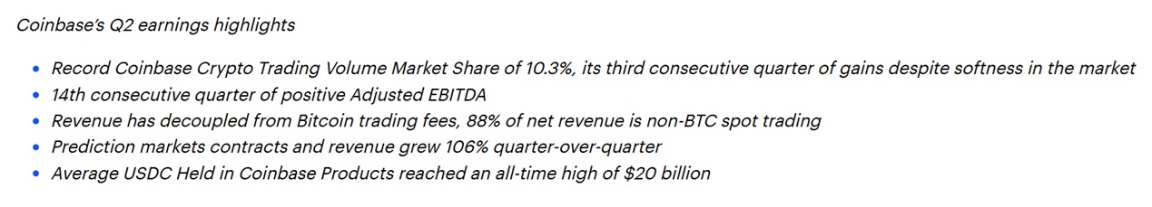 Excerpt of Coinbase's earnings call for Q2 2026.