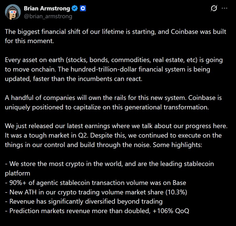 Brian Armstrong's tweet post releasing Coinbase's latest earnings report.