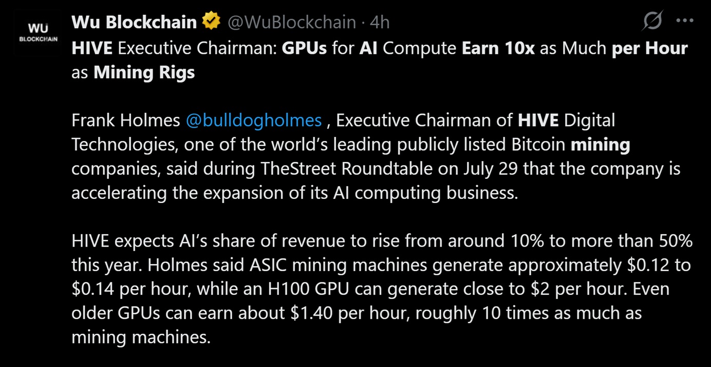 HIVE exec claims GPU's are earning more revenue BTC mining rigs.