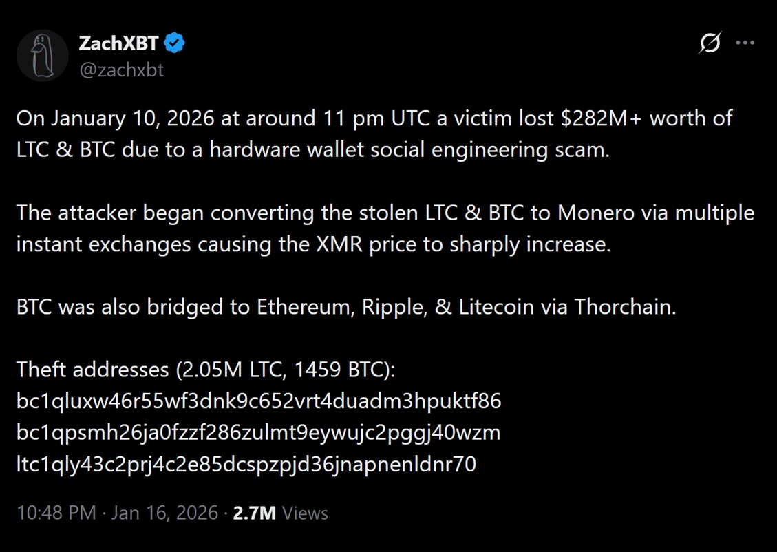 ZachXBT关于1月10日社会工程黑客的推文讨论。