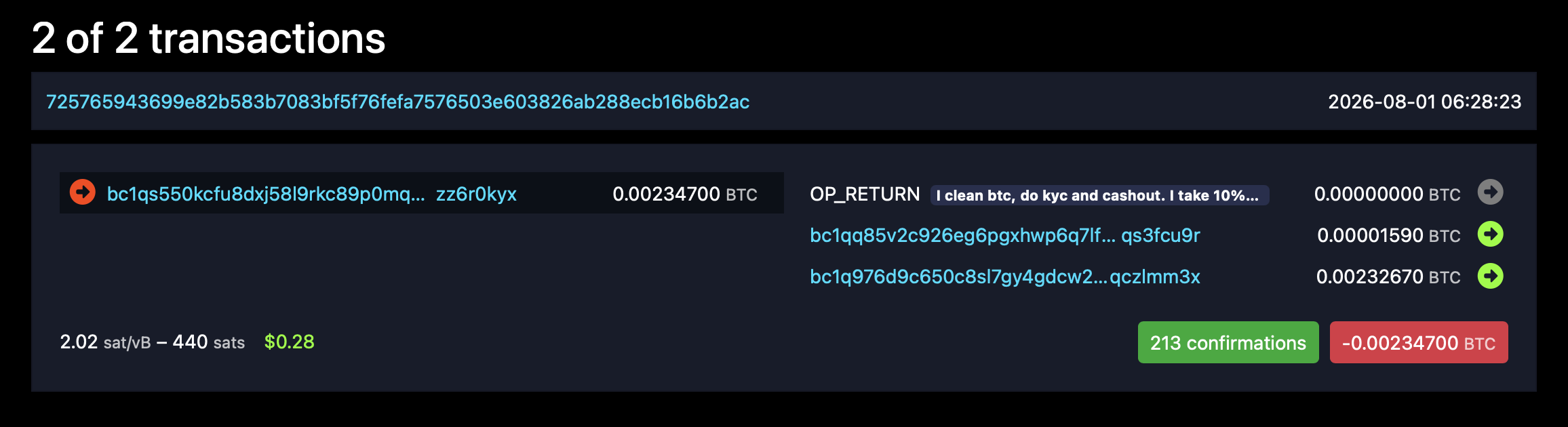 Coldcard 黑客在链上收到无所畏惧的比特币洗钱提议 mempool.space 截图。