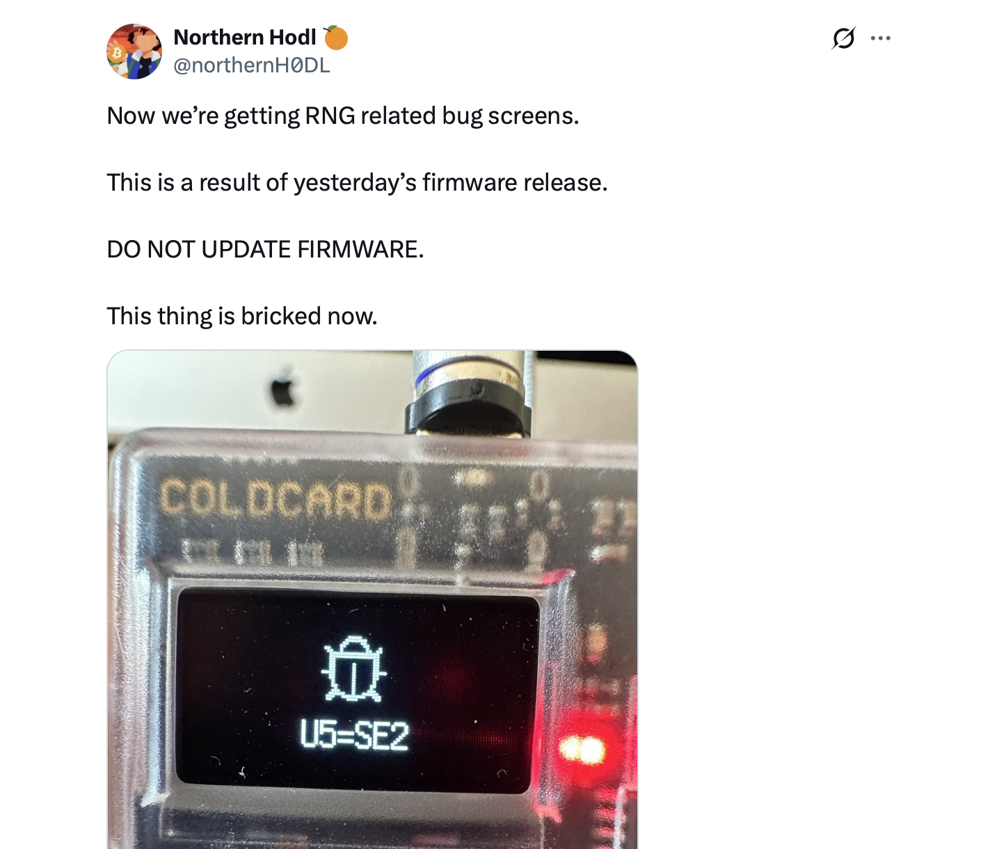 Coldcard 黑客在链上收到无所畏惧的比特币洗钱提议 X 截图。