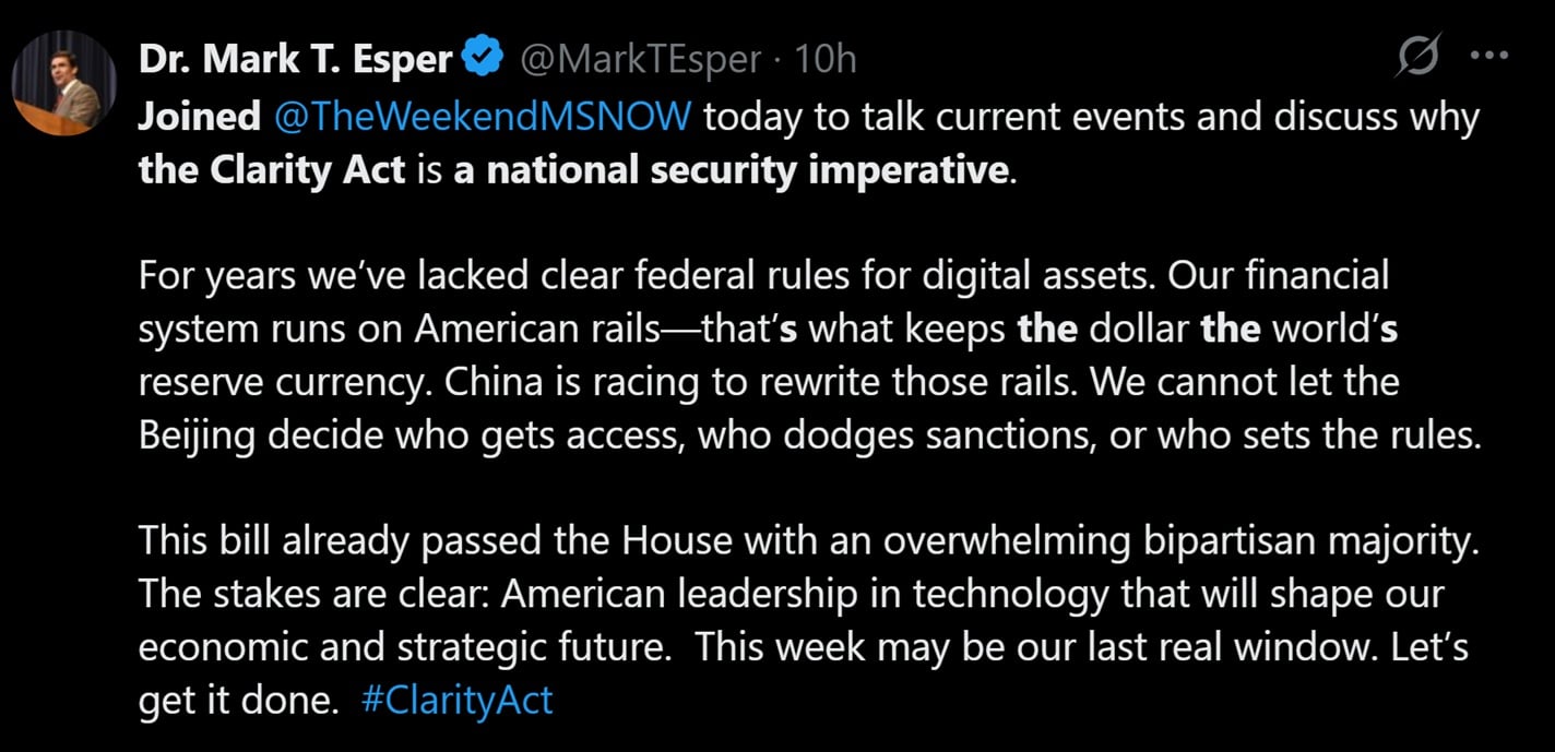 讨论为何需要CLARITY法案的推文。