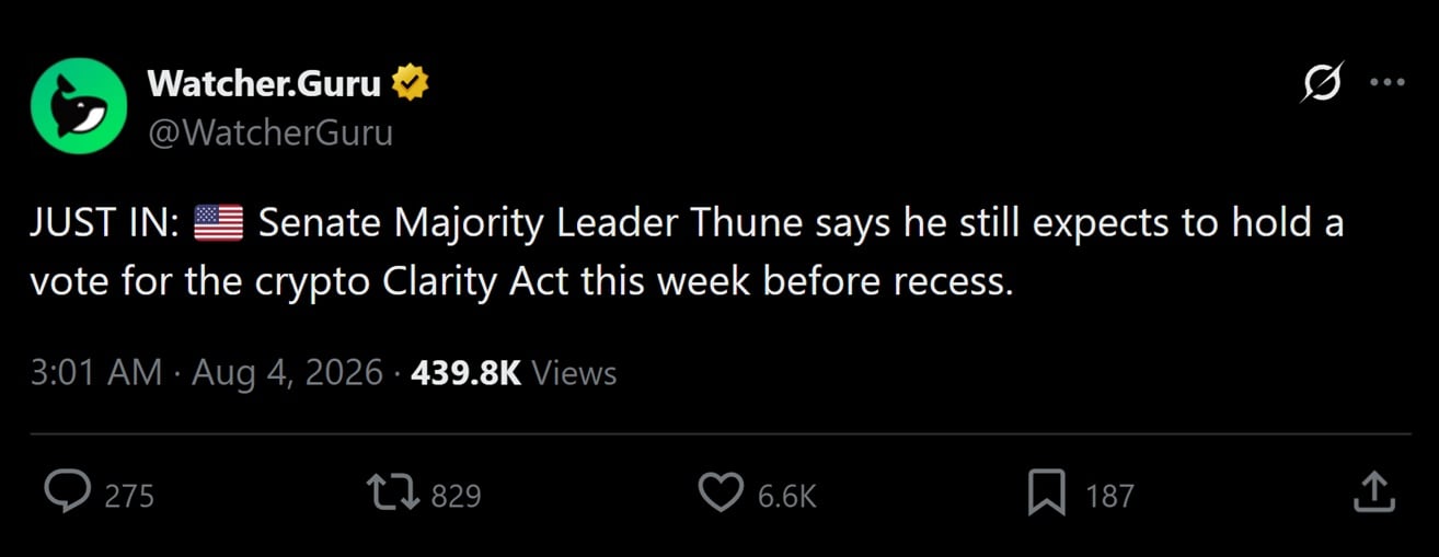 图恩参议员表示CLARITY法案可能在本周通过