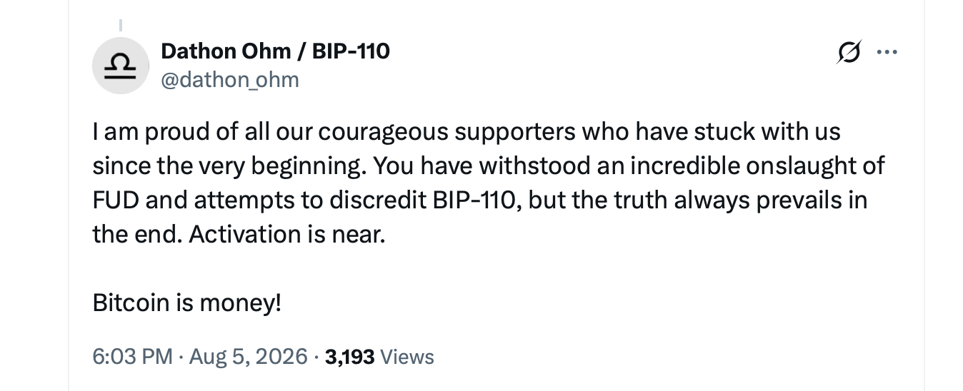 比特币接近链分割,BIP-110 反叛者无视全球算力 X 截图。