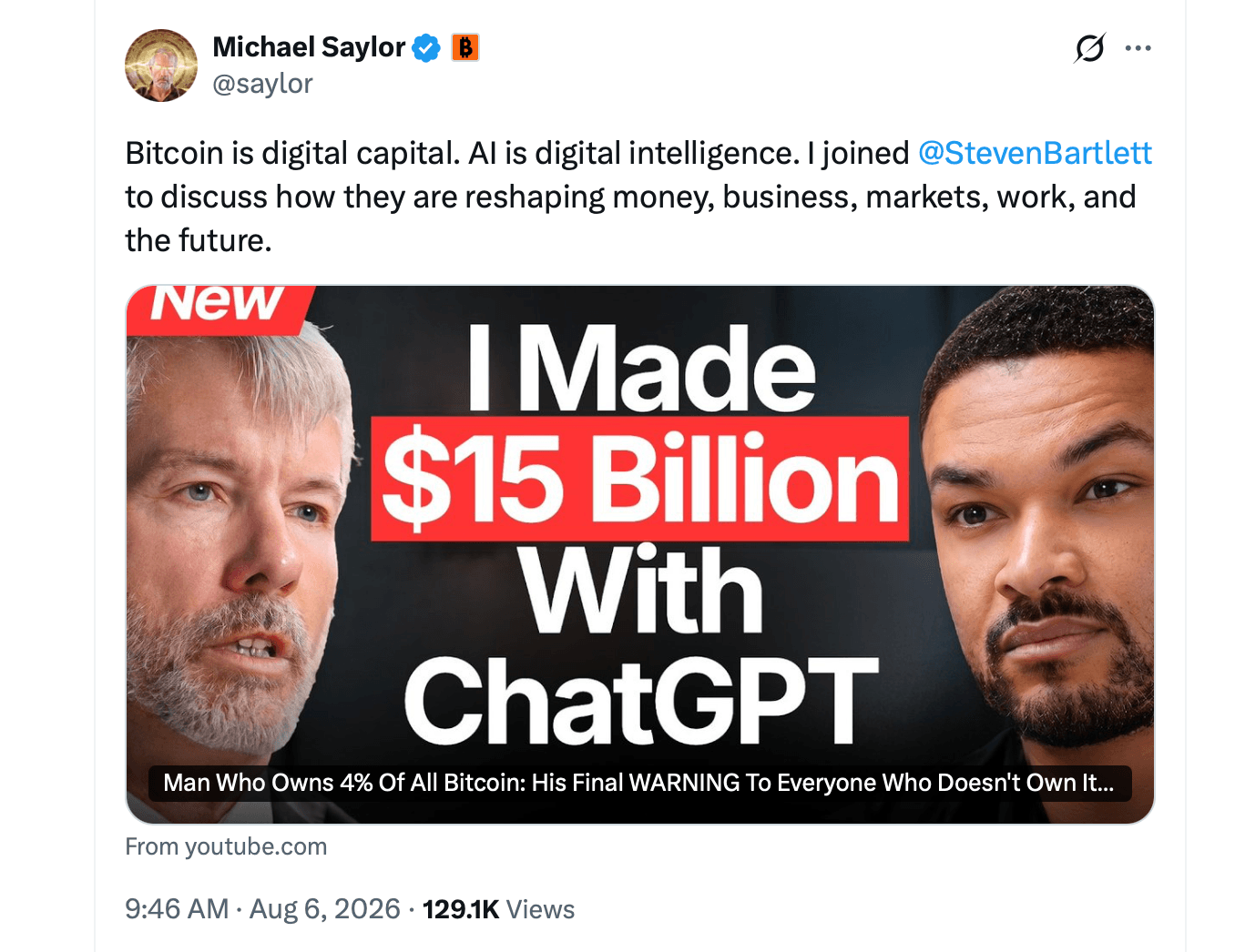 战略公司的塞勒声称ChatGPT推动了150亿美元的金融突破 X屏幕截图。