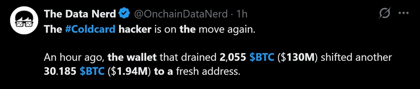Coldcard 黑客转移了另一个 30 BTC。