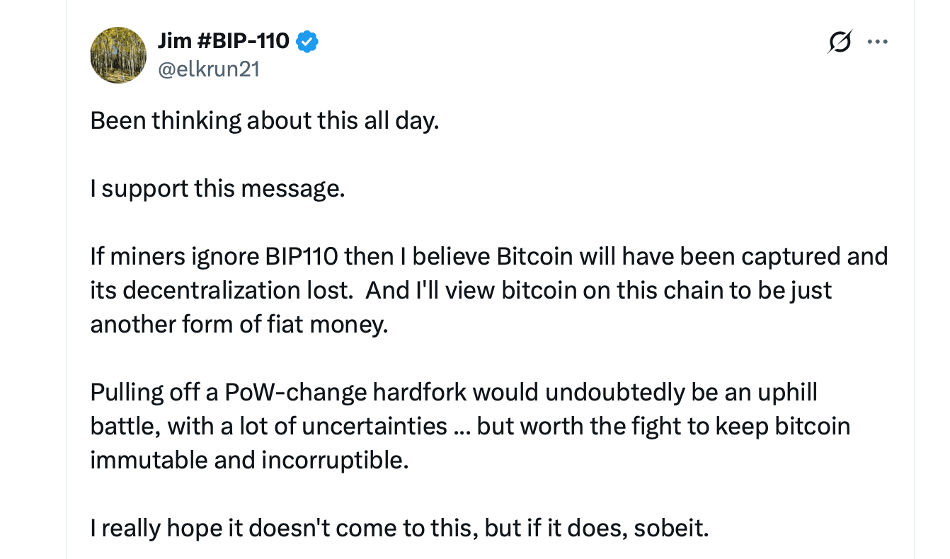 BIP-110支持者准备工作量证明切换,如果矿工拒绝软分叉计划 X截图