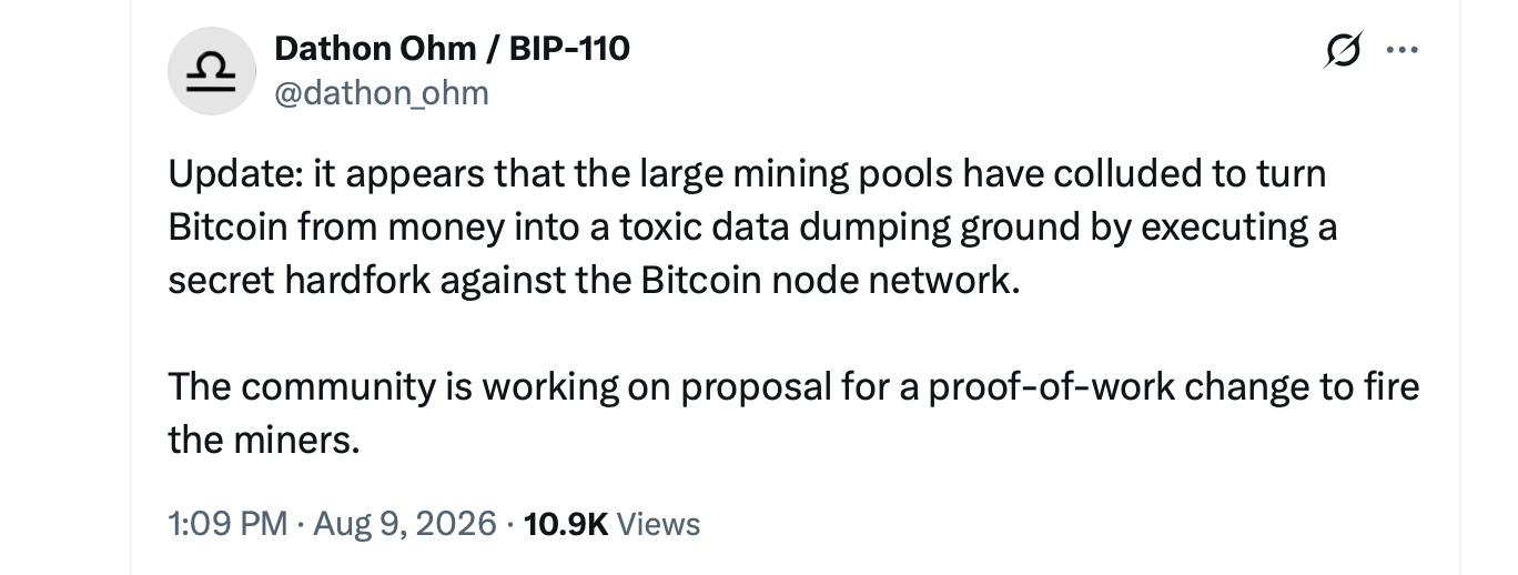 BIP-110 支持者计划少数链的 PoW 重置以“解雇”比特币矿工 X 帖子截图