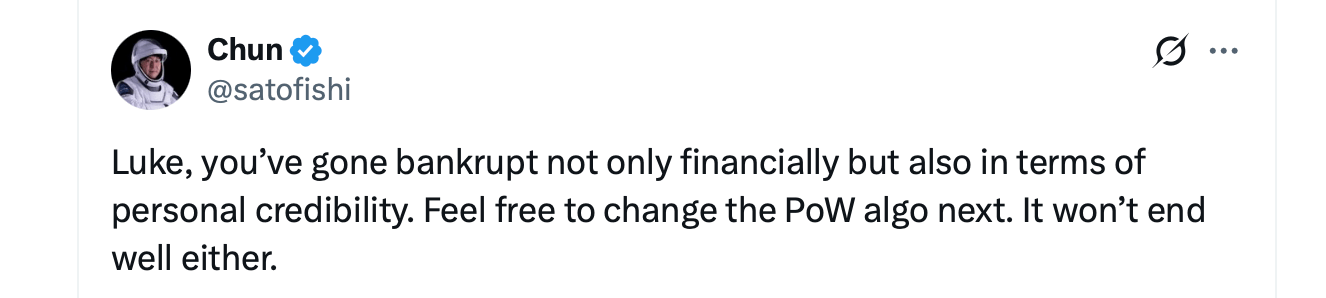 BIP-110 支持者计划少数链的 PoW 重置以“解雇”比特币矿工 X 截图。