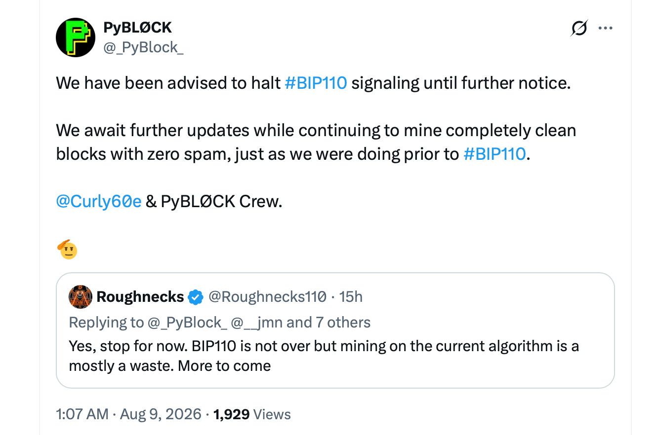 BIP-110 支持者计划少数链的 PoW 重置以“解雇”比特币矿工 X 截图
