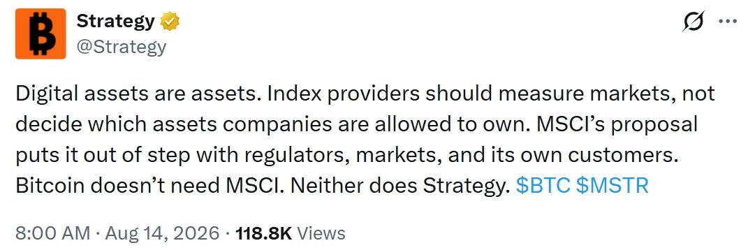 Strategy Pushes Back on MSCI Plan to Drop MSTR From Global Indexes Strategy Pushes Back on MSCI Plan to Drop MSTR From Global Indexes