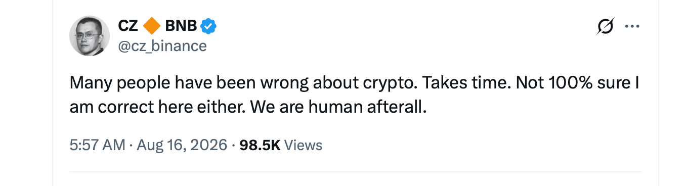 世界黄金协会首席执行官抨击比特币,预测其将归于零 币安创始人赵长鹏 X 截图。