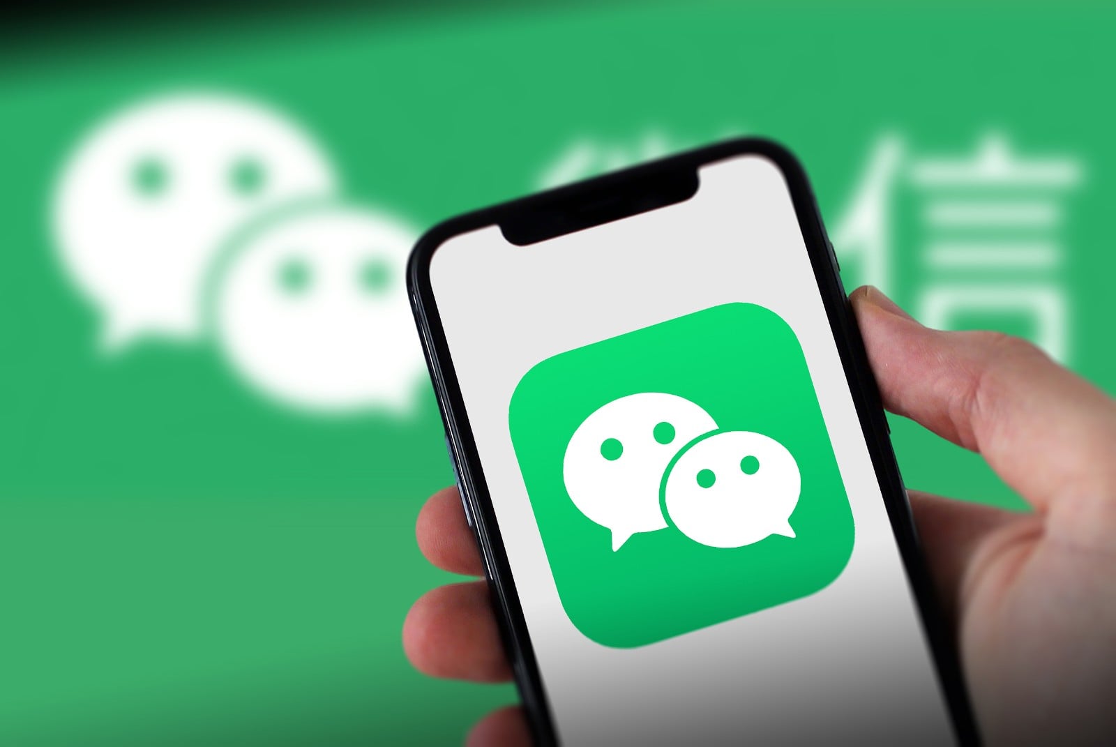 Smartphone displaying a conceptual illustration of WeChat social interaction with an AI intelligent assistant, symbolizing XiaoWei reconstructing service scheduling and intelligent agent transaction loops.