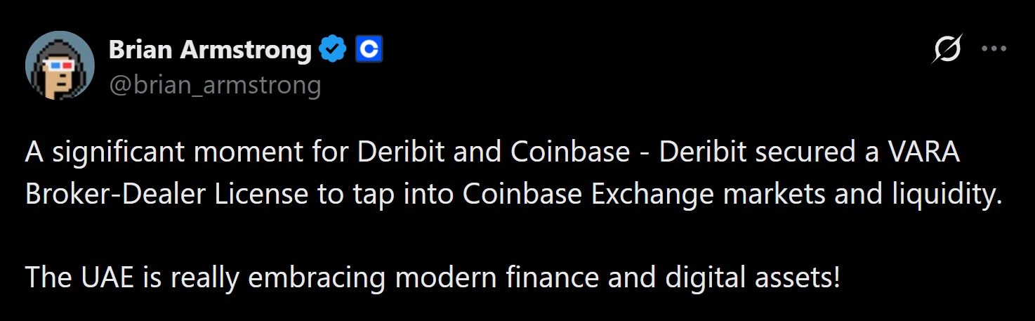 布赖恩·阿姆斯特朗宣布 Deribit 最近的 VARA 批准。