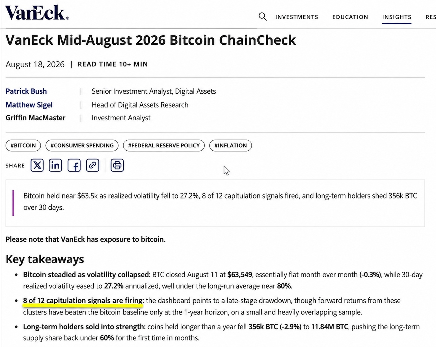 Vaneck: 比特币的修正可能结束，8个相关信号发出