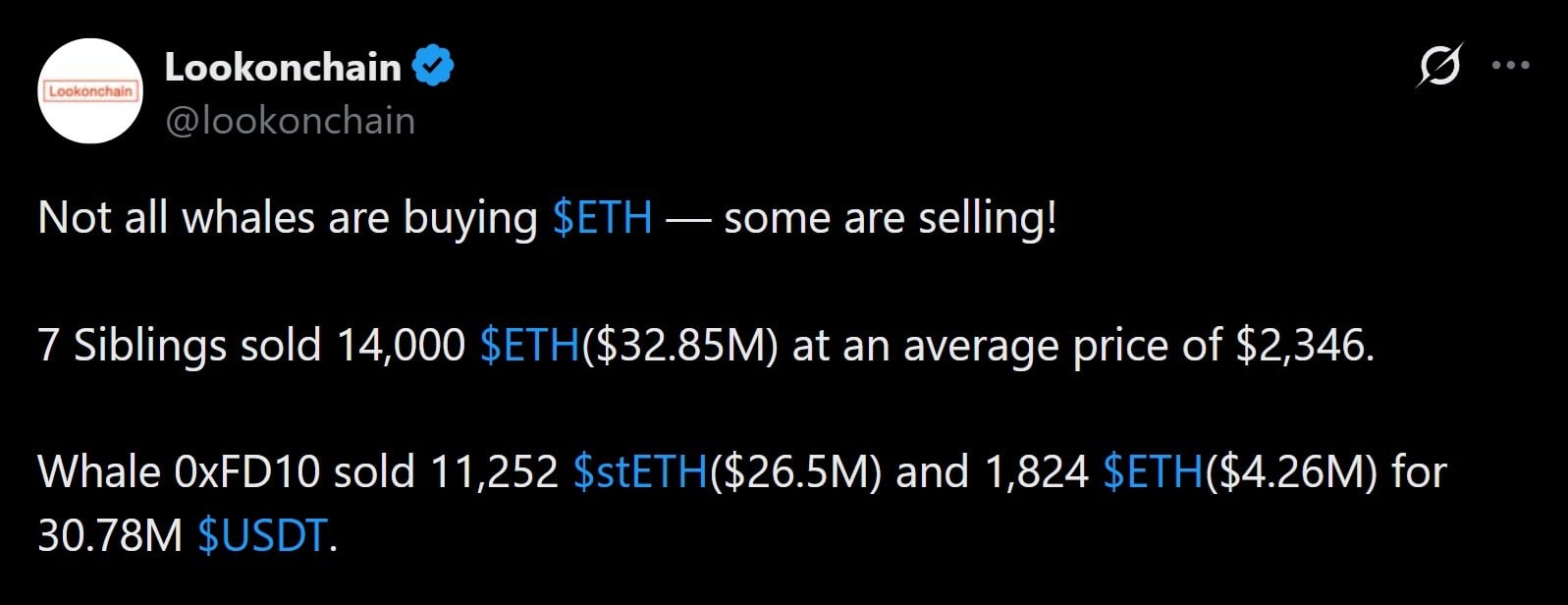 Lookonchain报告显示两只鲸鱼倾倒大量ETH。