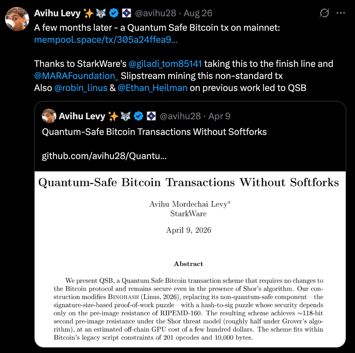 Starkware在主网上挖掘量子安全比特币交易